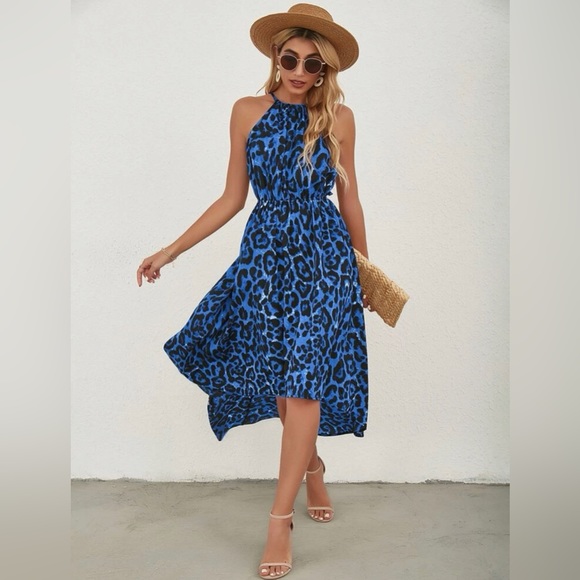 New Leopard Print Backless Asymmetrical Halter Dress - Picture 2 of 6